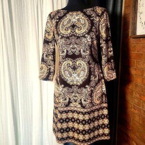 WISP Women's 70s Retro Style Deep Brown/Cream Designed Dress - Size 4